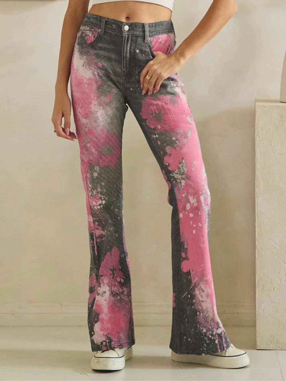 Oli & Hali Pink Black Painted Flare Jeans | High Waist Floral Y2K Denim